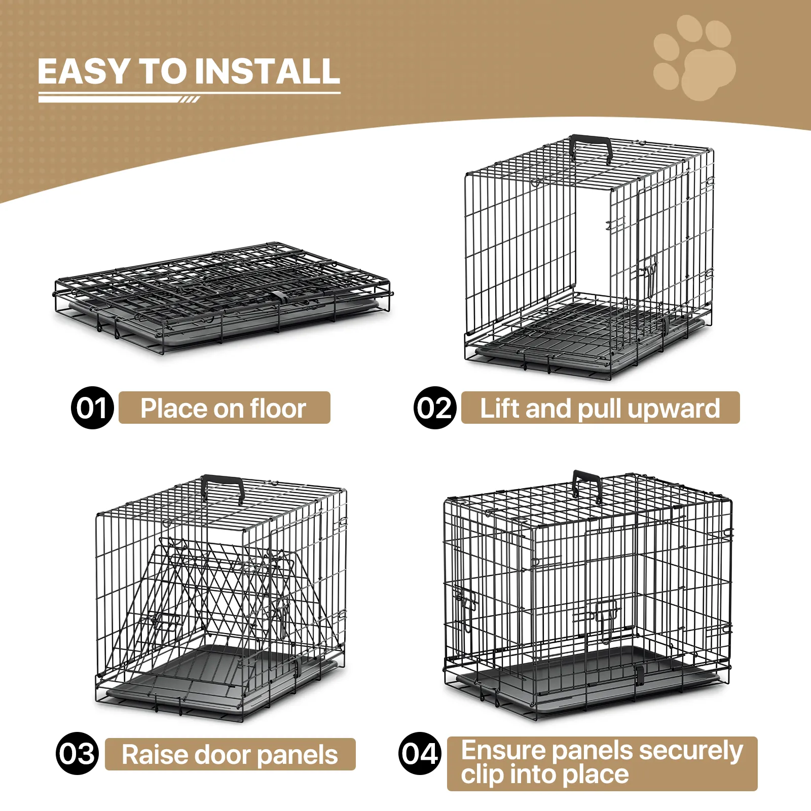 Dog Crate -  Metal Frame - w/Slide-out Tray - Black