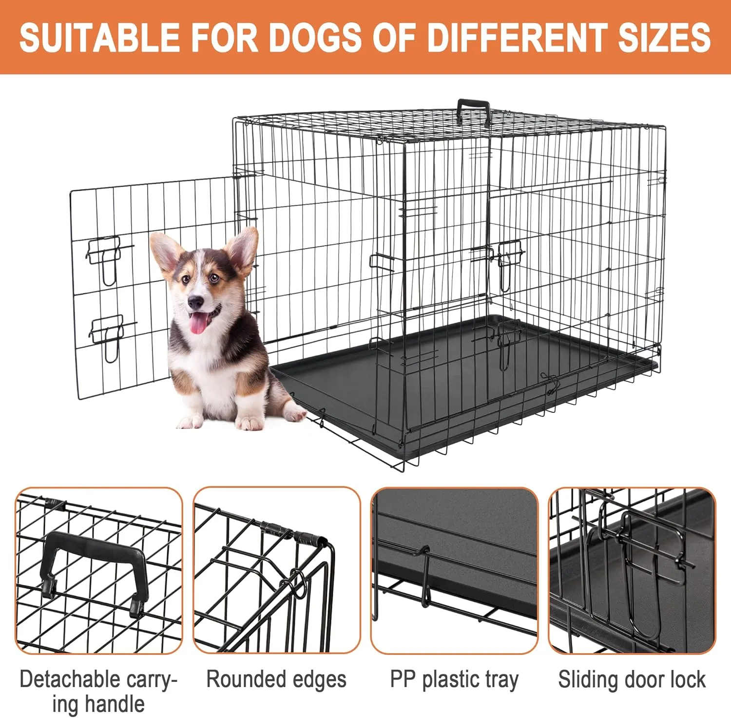 Dog Crates for Large Medium Dogs Foldable Metal Wire Pet Dog Kennel 30/36/42 Inches Indoor Outdoor Travel Dog Gage with Double Door, Leak Proof Pan