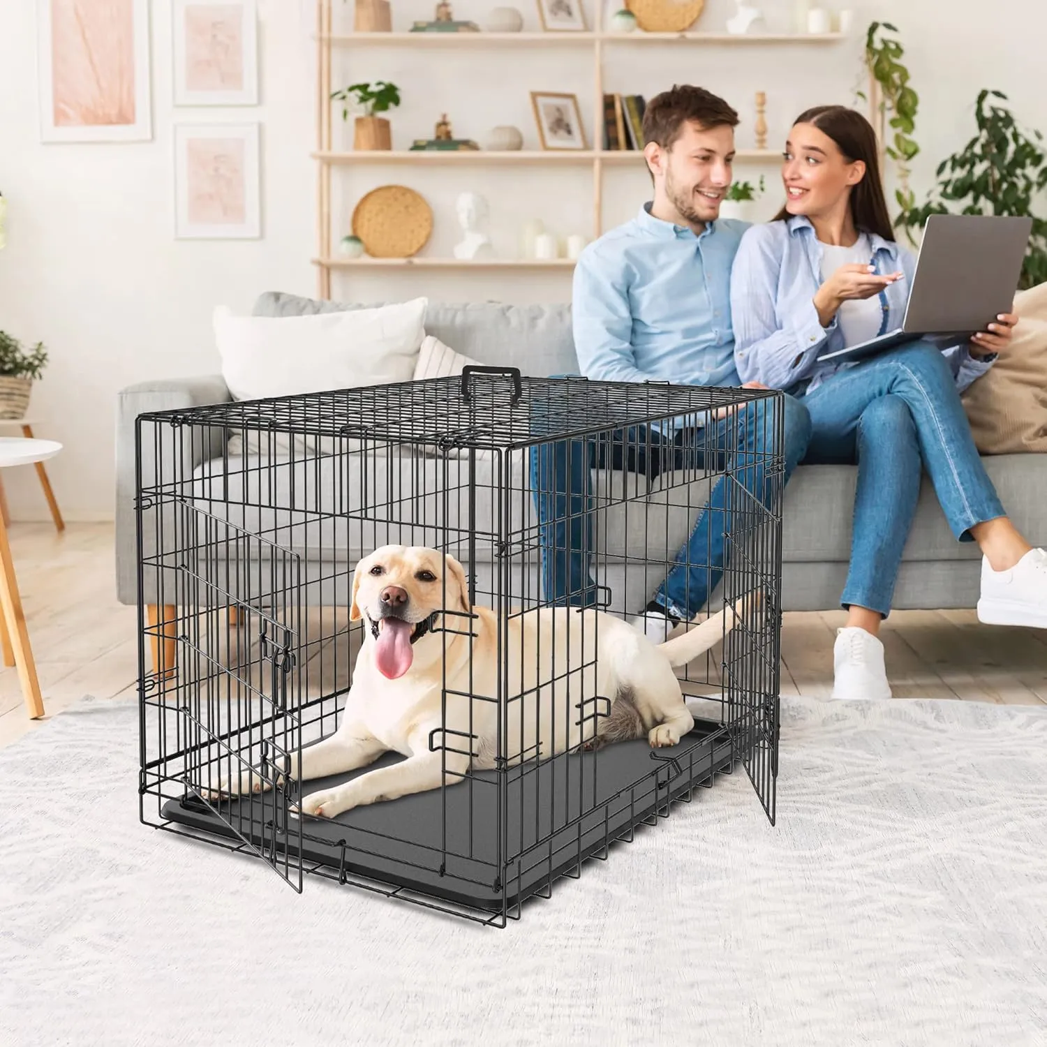 Dog Crates for Large Medium Dogs Foldable Metal Wire Pet Dog Kennel 30/36/42 Inches Indoor Outdoor Travel Dog Gage with Double Door, Leak Proof Pan