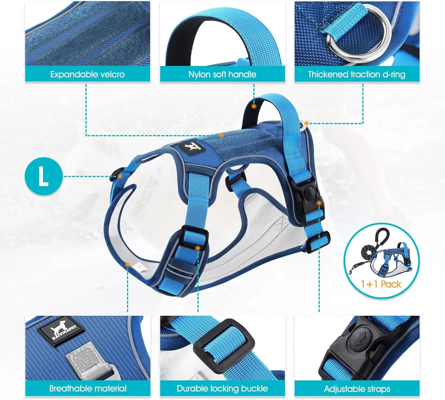 Dog Harness and 5FT Leash Set L Size, No Pull Soft Pet Harness, Reflective No-Choke Pet Oxford Vest with Easy Control Handle for Small Medium Large Dogs