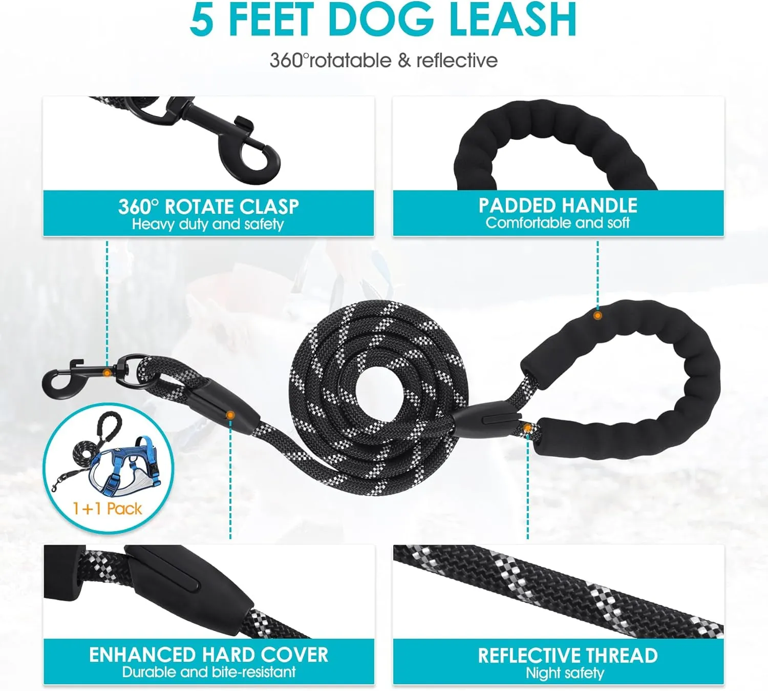 Dog Harness and 5FT Leash Set L Size, No Pull Soft Pet Harness, Reflective No-Choke Pet Oxford Vest with Easy Control Handle for Small Medium Large Dogs
