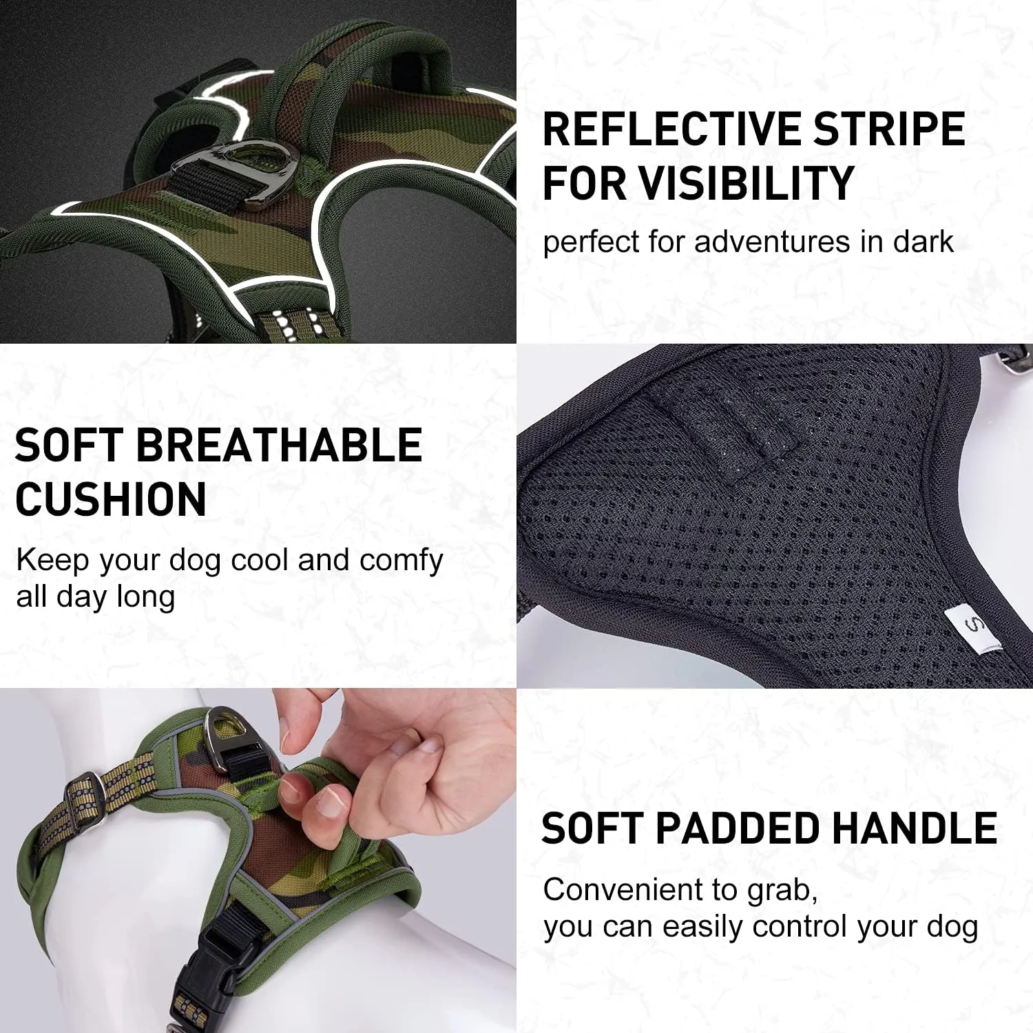 Dog Harness Camo for Large Dogs Medium Sized Dog Harness No Pull with Handle 2 Metal Leash Clips, Adjustable Reflective Puppy Harness, Breathable Camo Oxford Padded Vest Easy Control Front Clip