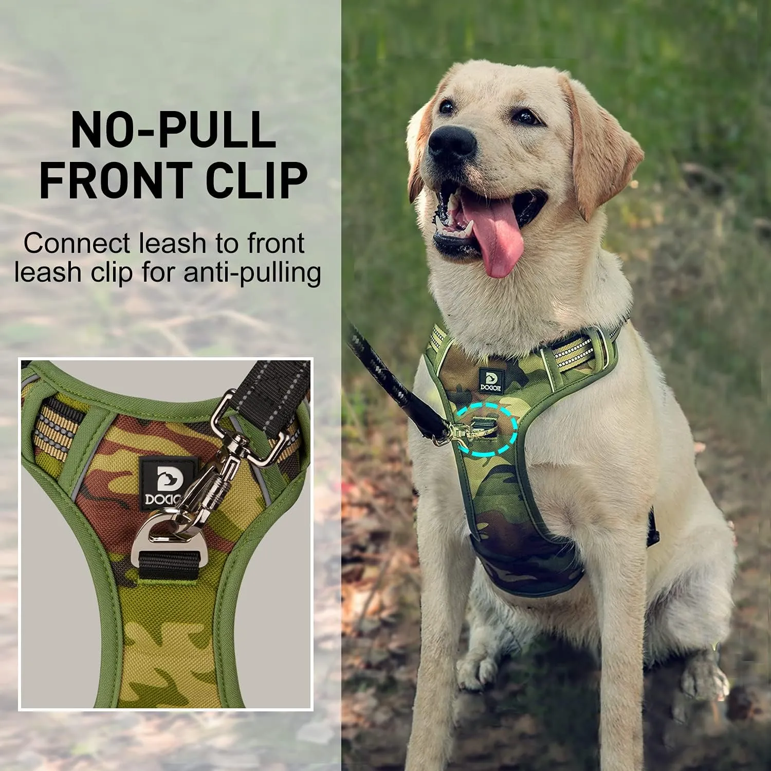 Dog Harness Camo for Large Dogs Medium Sized Dog Harness No Pull with Handle 2 Metal Leash Clips, Adjustable Reflective Puppy Harness, Breathable Camo Oxford Padded Vest Easy Control Front Clip