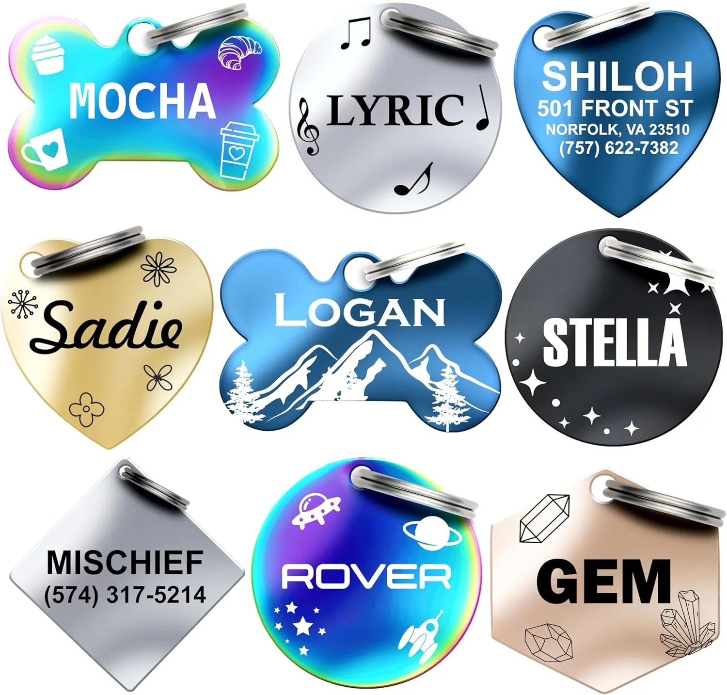 Dr. Fremont's Stainless Steel Custom Pet ID Personalized Engraved Identification Cat and Dog Tags with Custom Text, Many Shapes Including Bone, Heart, Circle (Black Stainless Steel, Large Bone)