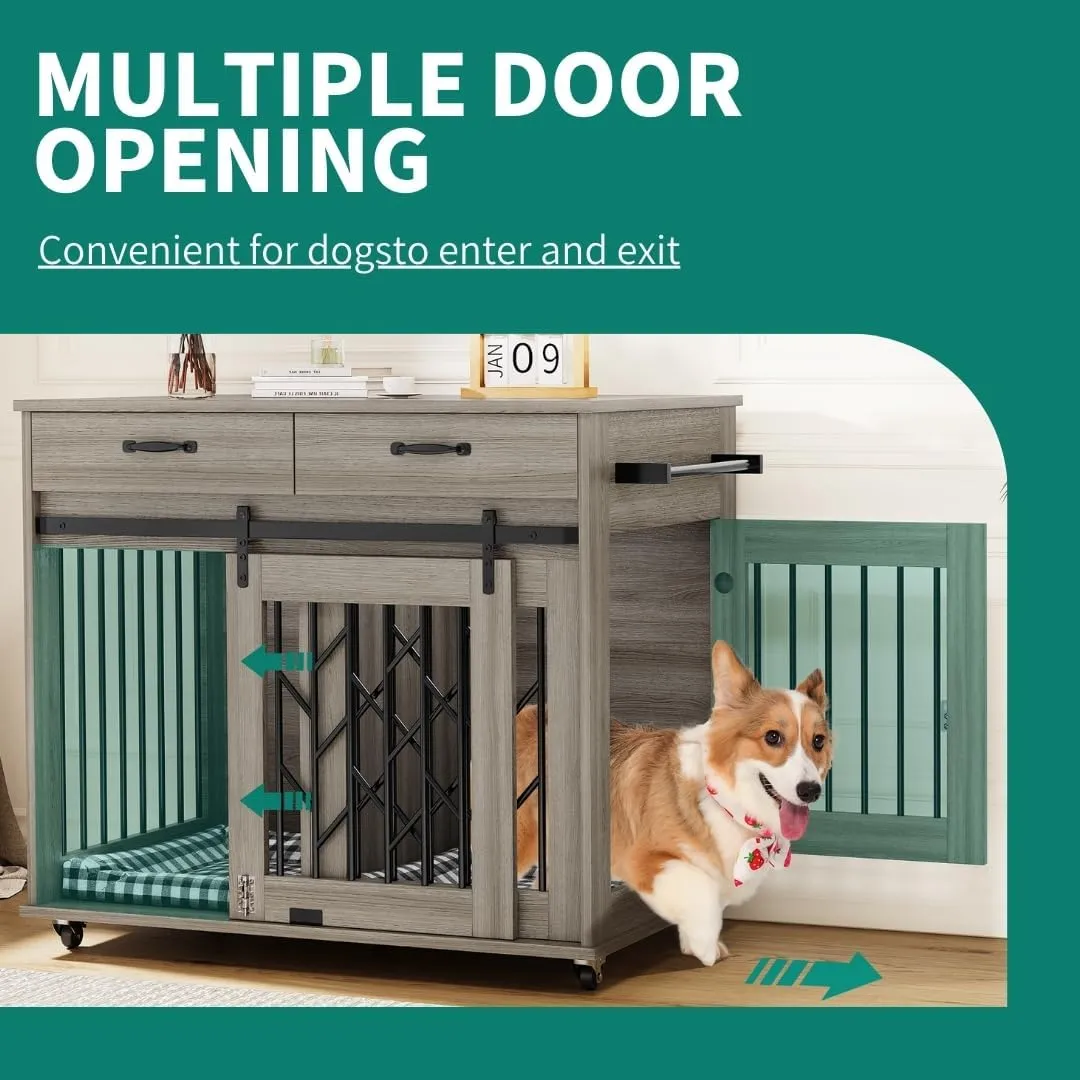 DWVO Dog Crate Furniture for 2 Dogs, 39" Wooden Dog Kennel End Table with Wheels and Storage Drawers, Indoor Double Door Dog Crate with Sliding Barn Door, Grey