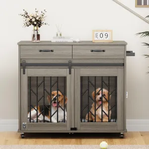 DWVO Dog Crate Furniture for 2 Dogs, 39" Wooden Dog Kennel End Table with Wheels and Storage Drawers, Indoor Double Door Dog Crate with Sliding Barn Door, Grey