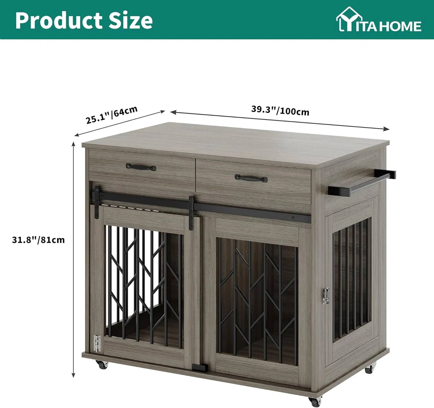 DWVO Dog Crate Furniture for 2 Dogs, 39" Wooden Dog Kennel End Table with Wheels and Storage Drawers, Indoor Double Door Dog Crate with Sliding Barn Door, Grey