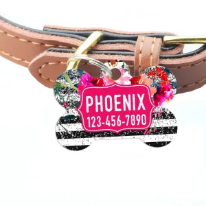 Floral Pet ID Tag - Watercolor Floral Rose Silver Glitter Dog Name Tag