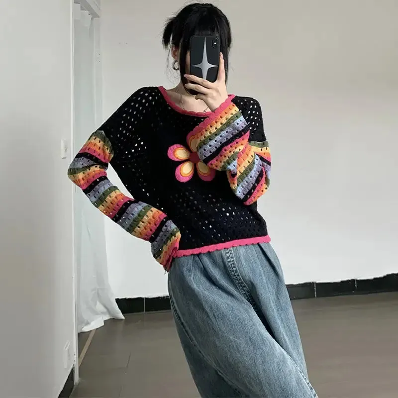 Flower Striped Stitching Knitted Embroidery Sweater