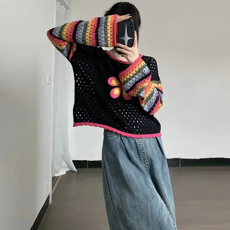 Flower Striped Stitching Knitted Embroidery Sweater