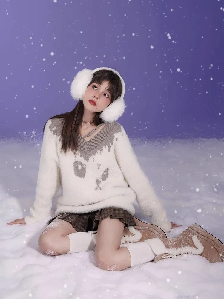Fluffy Spotted Cat V-Neck Sweater【s0000005592】