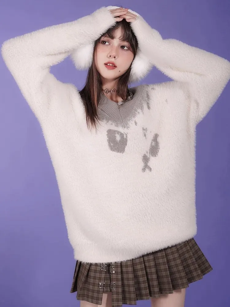 Fluffy Spotted Cat V-Neck Sweater【s0000005592】