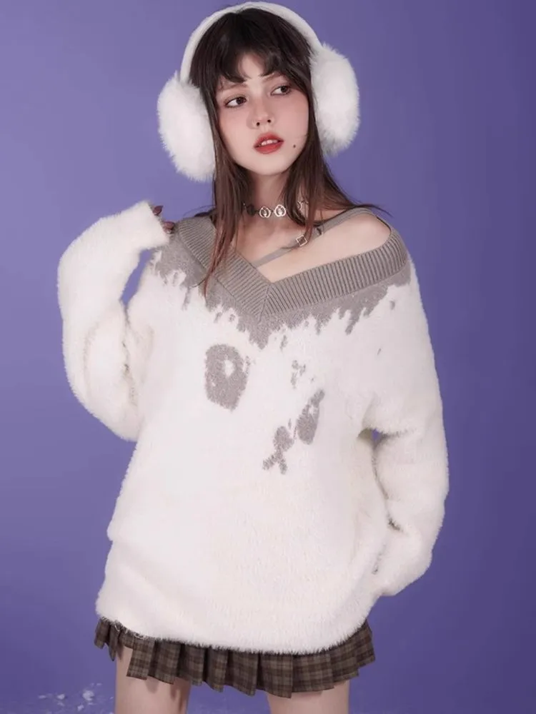 Fluffy Spotted Cat V-Neck Sweater【s0000005592】