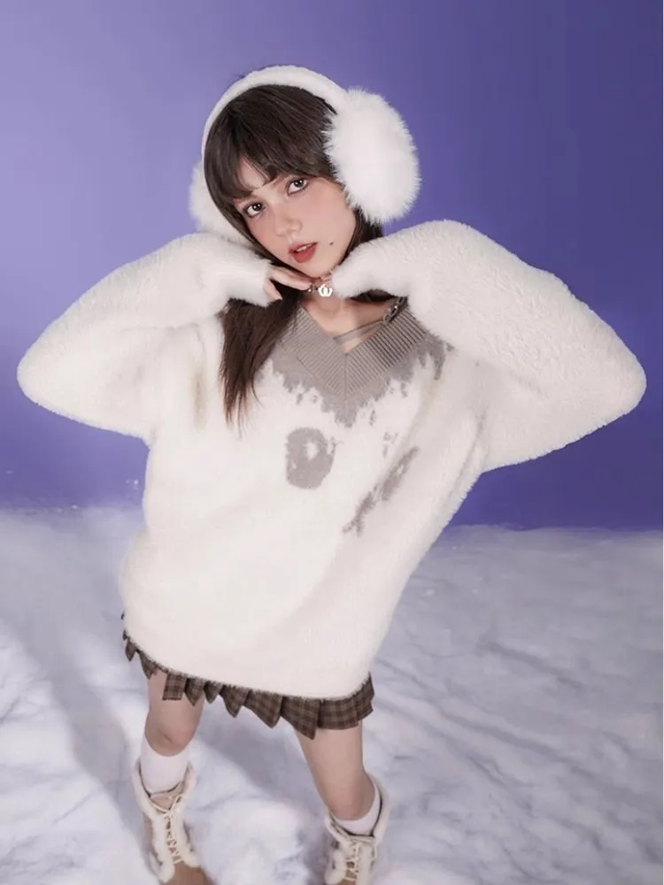 Fluffy Spotted Cat V-Neck Sweater【s0000005592】