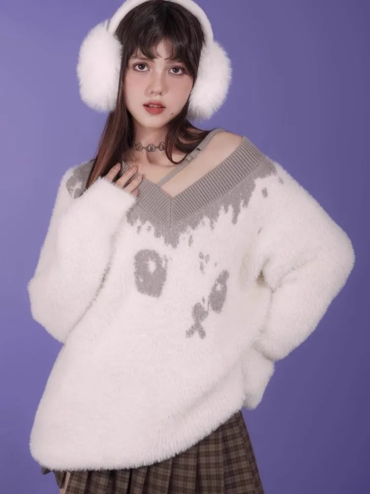 Fluffy Spotted Cat V-Neck Sweater【s0000005592】