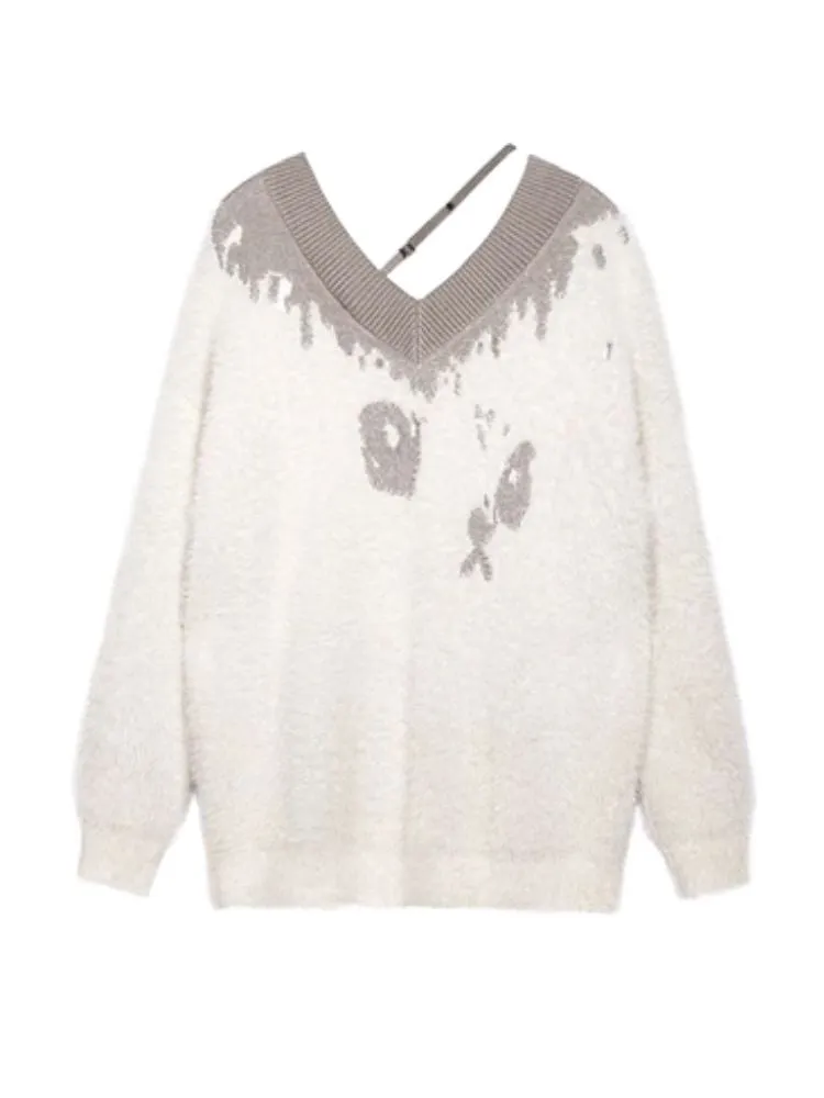 Fluffy Spotted Cat V-Neck Sweater【s0000005592】