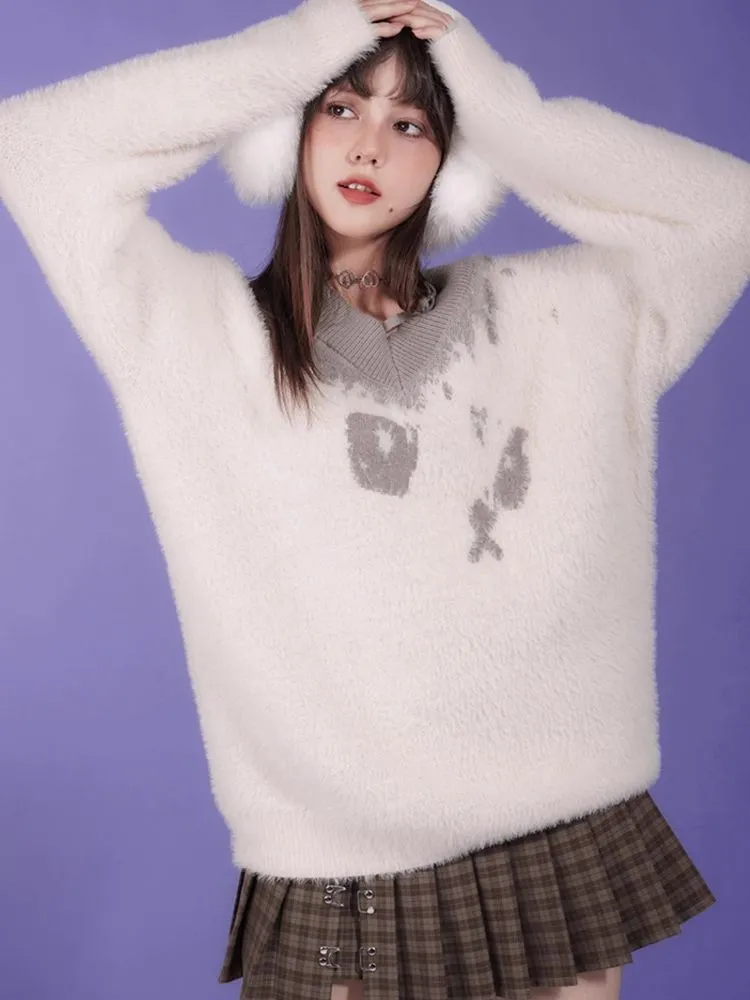 Fluffy Spotted Cat V-Neck Sweater【s0000005592】