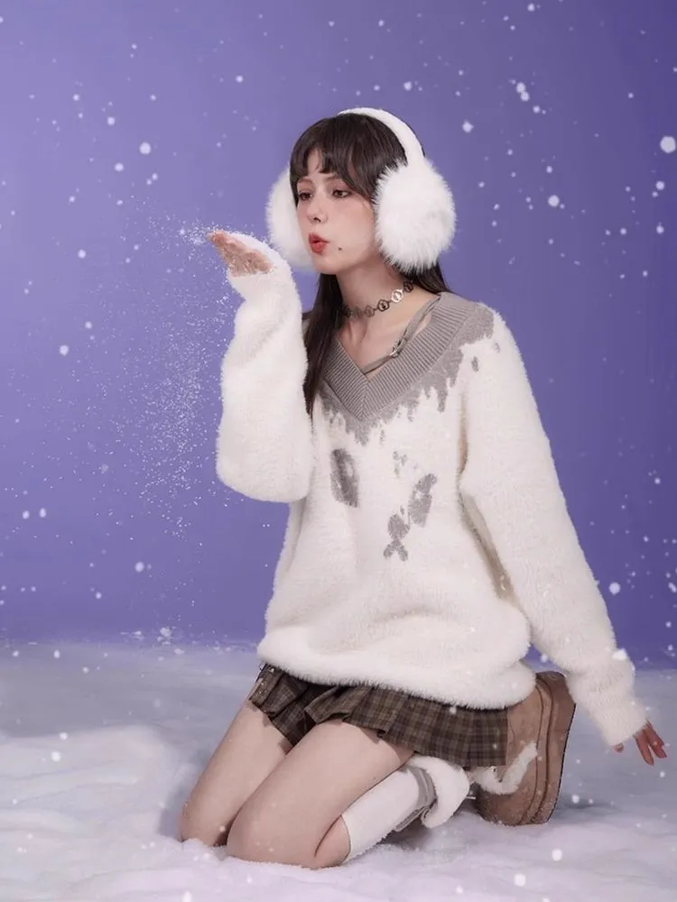 Fluffy Spotted Cat V-Neck Sweater【s0000005592】
