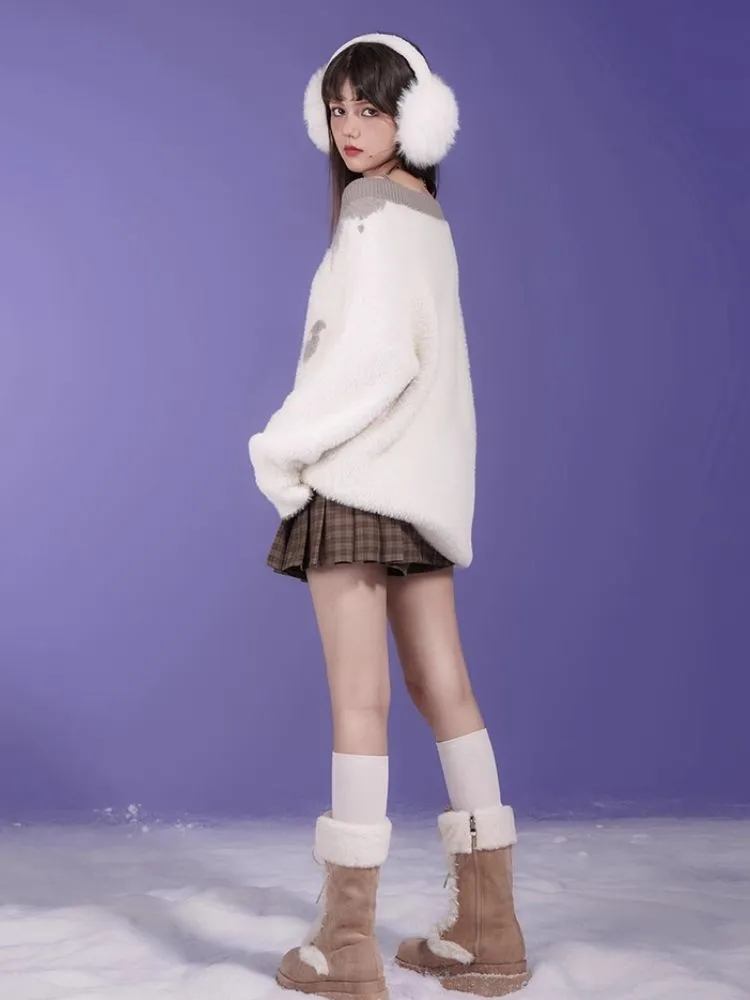 Fluffy Spotted Cat V-Neck Sweater【s0000005592】