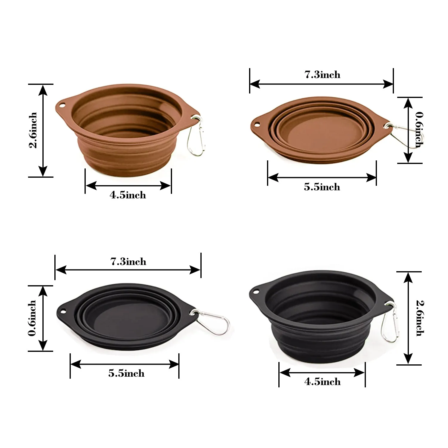 GOOPAWS 2 Pack Silicone Non-Skid Travel Dog and Cat Bowl, Black&Brown