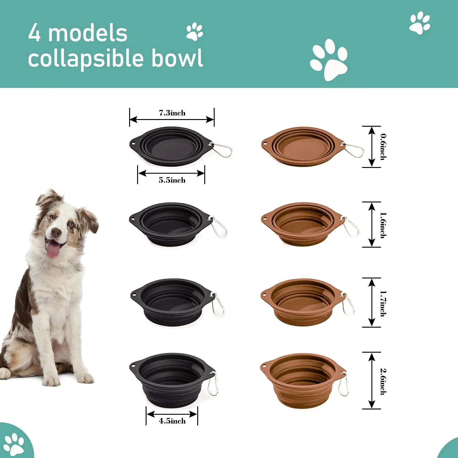 GOOPAWS 2 Pack Silicone Non-Skid Travel Dog and Cat Bowl, Black&Brown