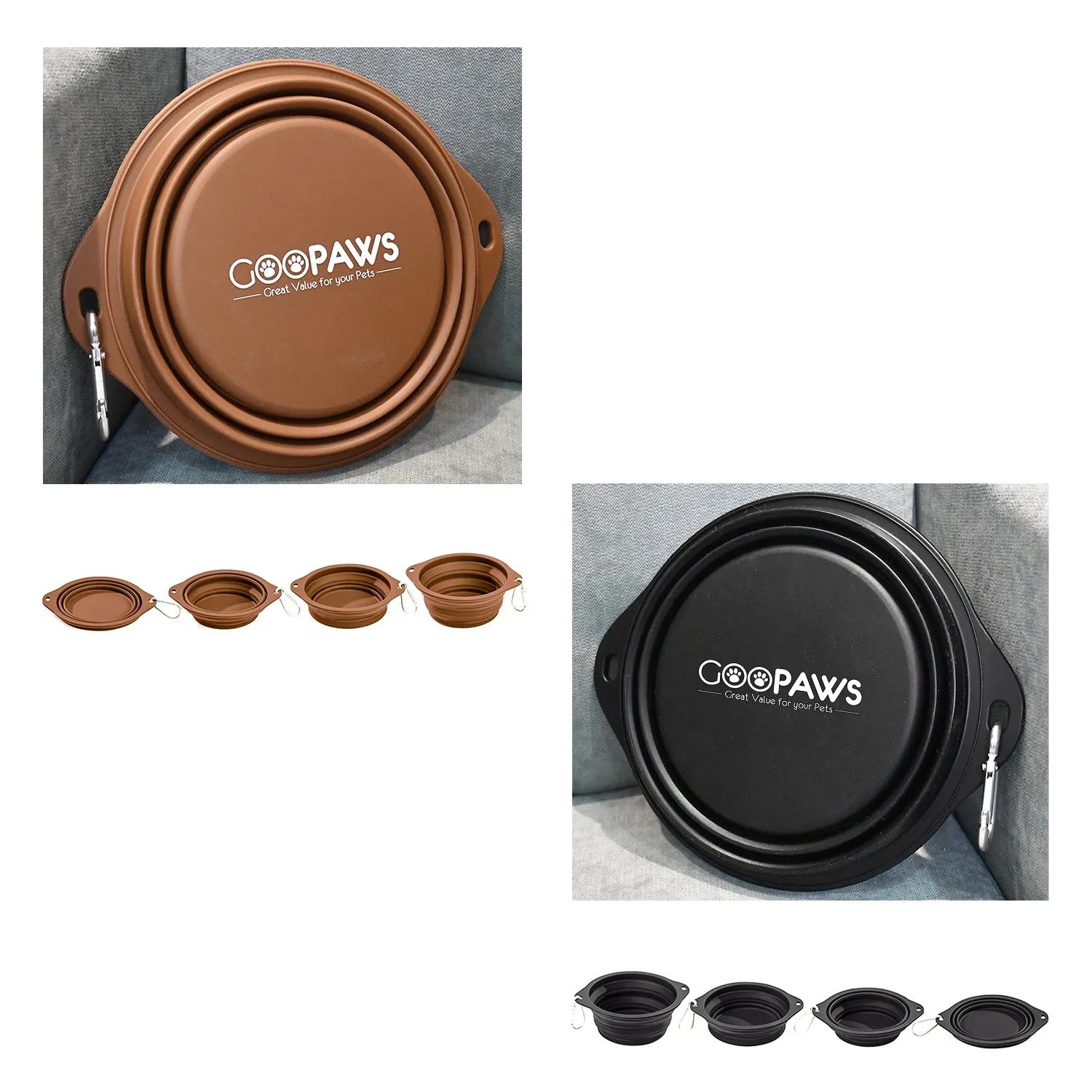 GOOPAWS 2 Pack Silicone Non-Skid Travel Dog and Cat Bowl, Black&Brown