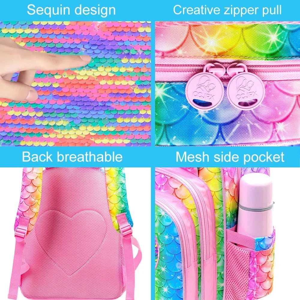 gxtvo 3PCS Backpack for Girls, 16" Mermaid Sequin Preschool Elementary Bookbag and Lunch Box