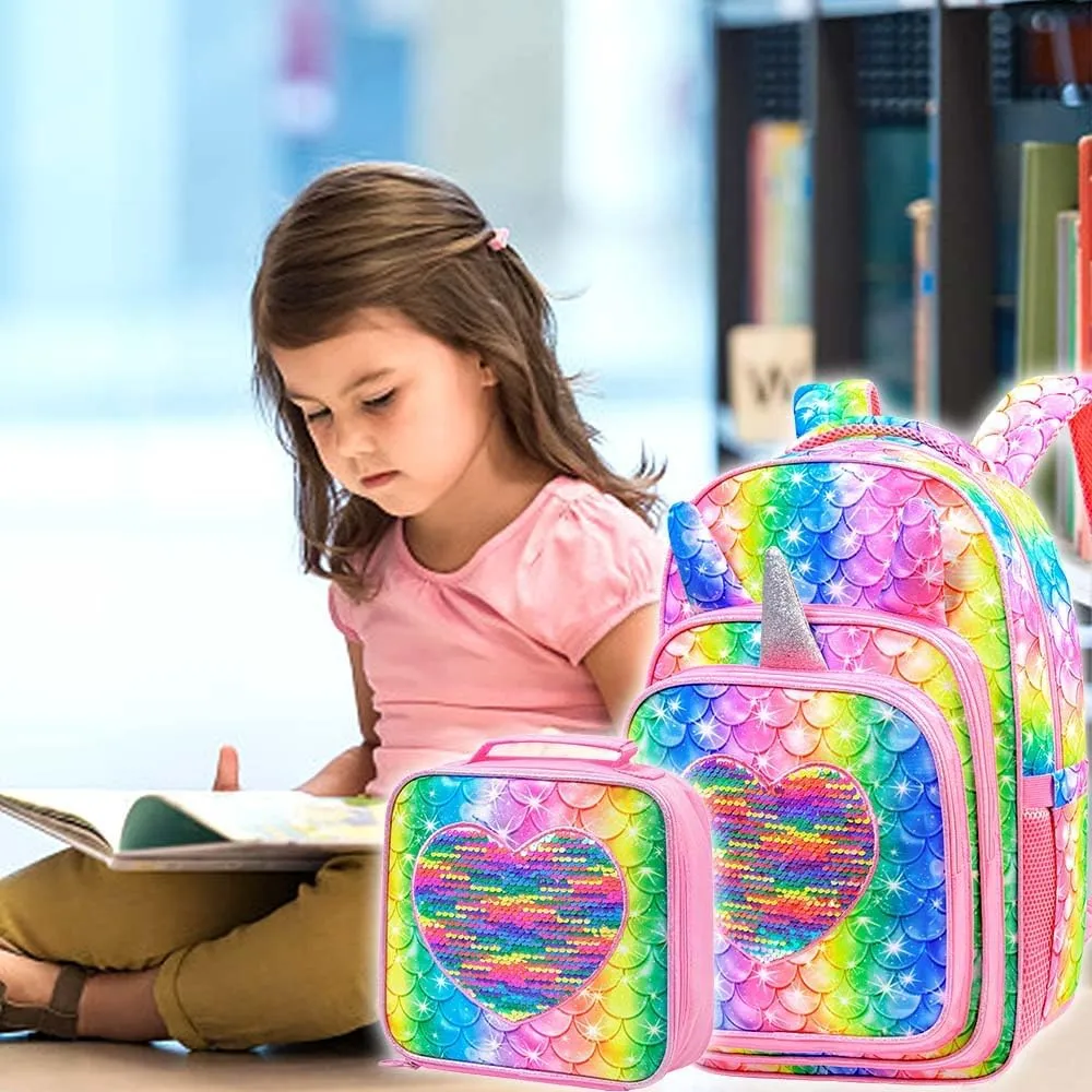 gxtvo 3PCS Backpack for Girls, 16" Mermaid Sequin Preschool Elementary Bookbag and Lunch Box