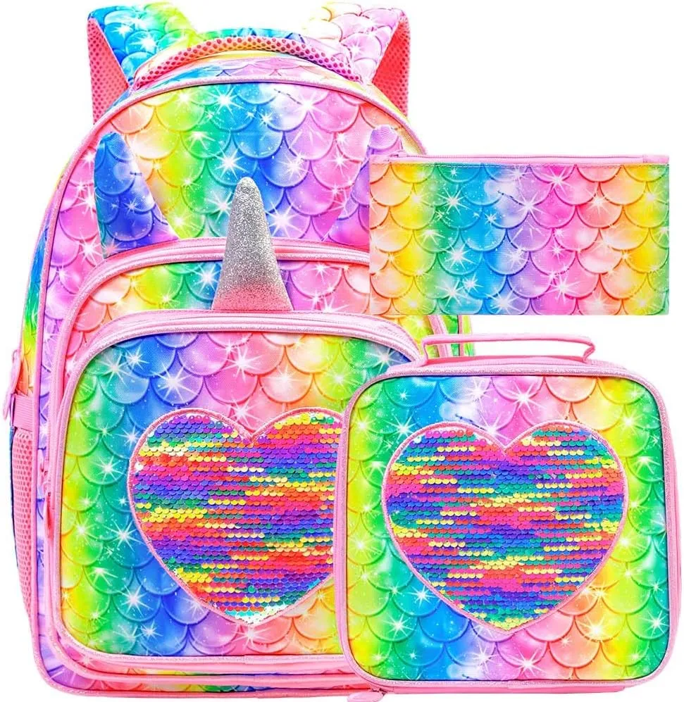 gxtvo 3PCS Backpack for Girls, 16" Mermaid Sequin Preschool Elementary Bookbag and Lunch Box