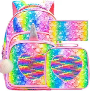 gxtvo 3PCS Backpack for Girls, 16" Mermaid Sequin Preschool Elementary Bookbag and Lunch Box