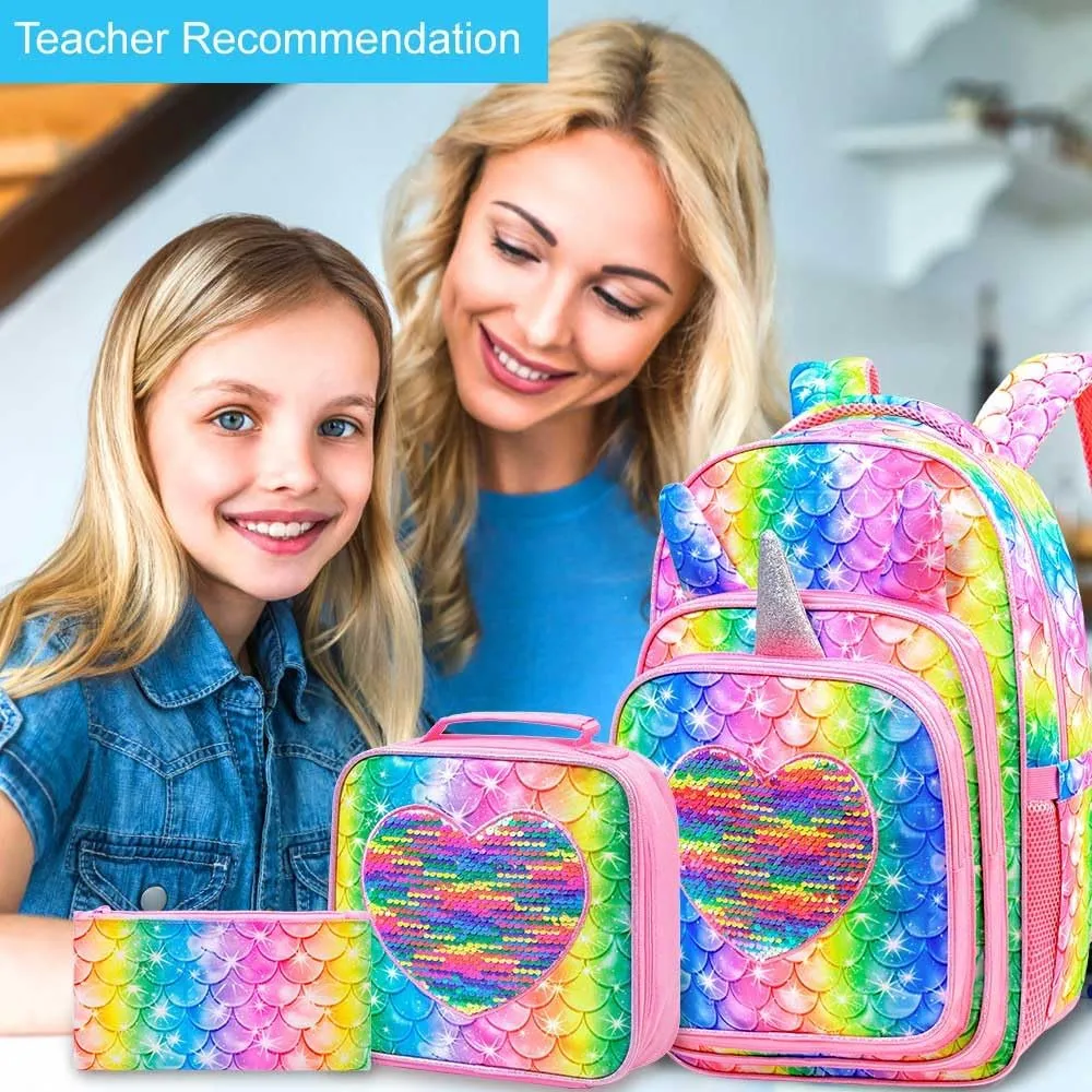 gxtvo 3PCS Backpack for Girls, 16" Mermaid Sequin Preschool Elementary Bookbag and Lunch Box