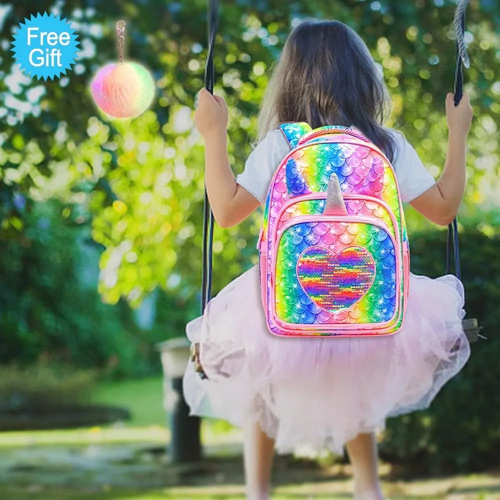 gxtvo 3PCS Backpack for Girls, 16" Mermaid Sequin Preschool Elementary Bookbag and Lunch Box