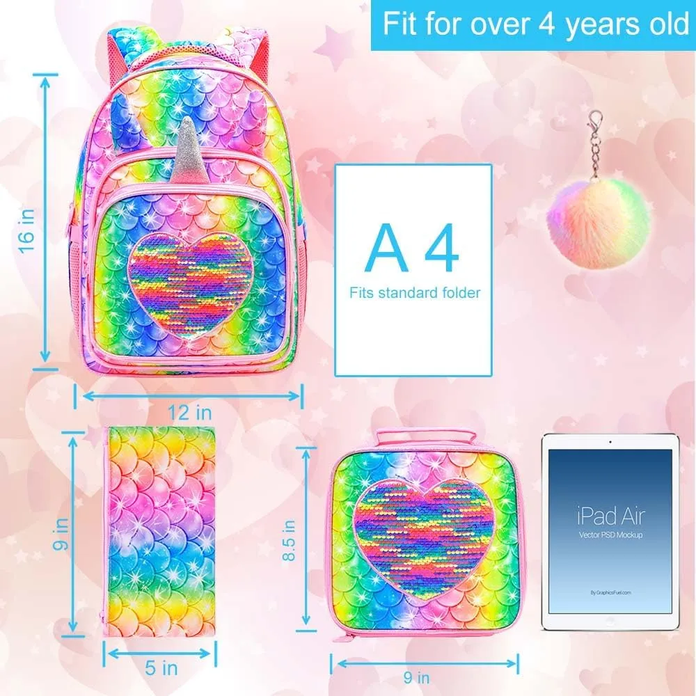 gxtvo 3PCS Backpack for Girls, 16" Mermaid Sequin Preschool Elementary Bookbag and Lunch Box