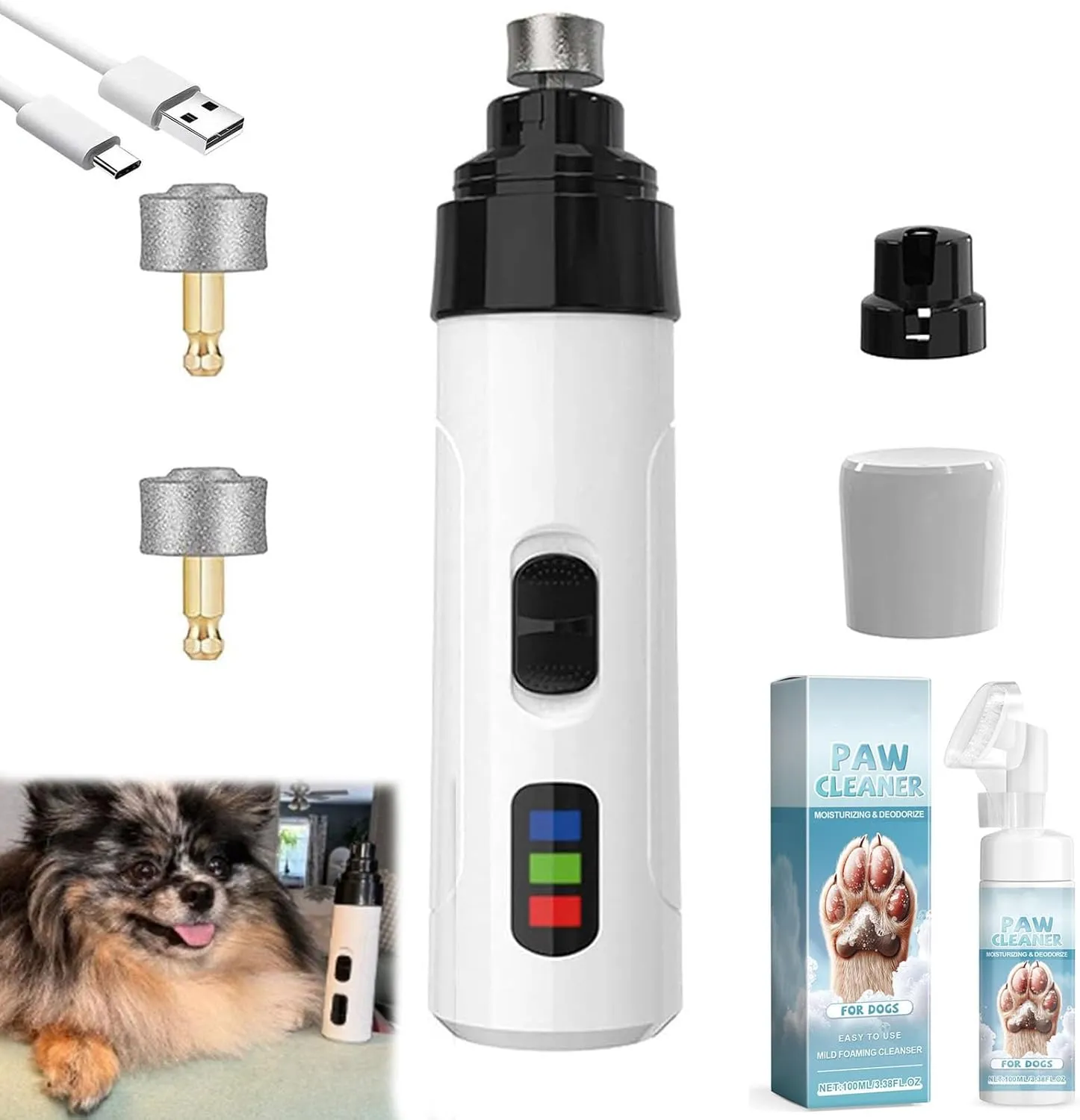 Heusom Silent Groom Pro Nail Grinder, Heusom Dog Nail Trimmer, Rechargeable USB Charging Pet Nail Grinder, Electric Dog Nail Clippers Grooming Smoothing Tool with Bonus Dog Paw Cleaner (1 Set)
