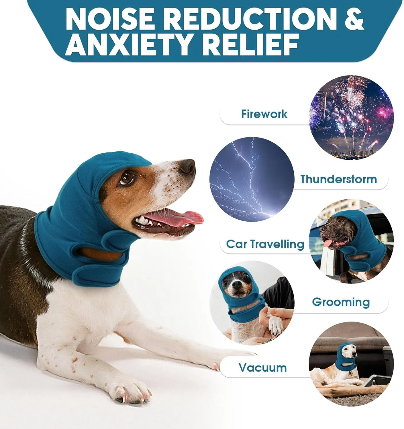 IDOMIK Dog Ear Cover for Anxiety Relief, Adjustable Dog Calming Hood for Grooming Bath Drying, No Shake Pet Head Ear Wrap for Hematomas Fireworks Thunderstorms, Doggy Ear Muffs Noise Protection,Blue,M