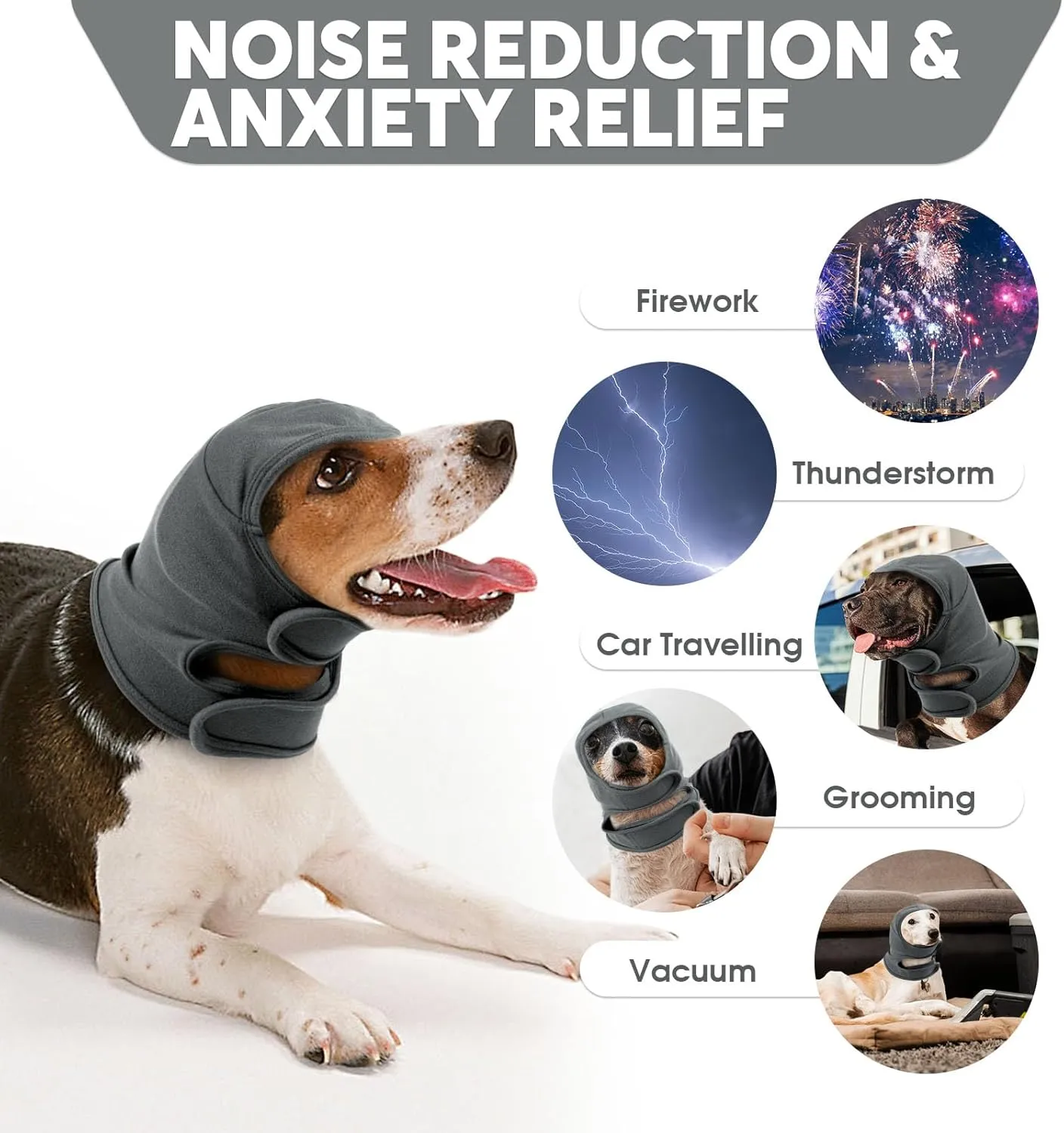 IDOMIK Dog Ear Cover for Anxiety Relief, Adjustable Dog Calming Hood for Grooming Bath Drying, No Shake Pet Head Ear Wrap for Hematomas Fireworks Thunderstorms, Doggy Ear Muffs Noise Protection,Grey,M