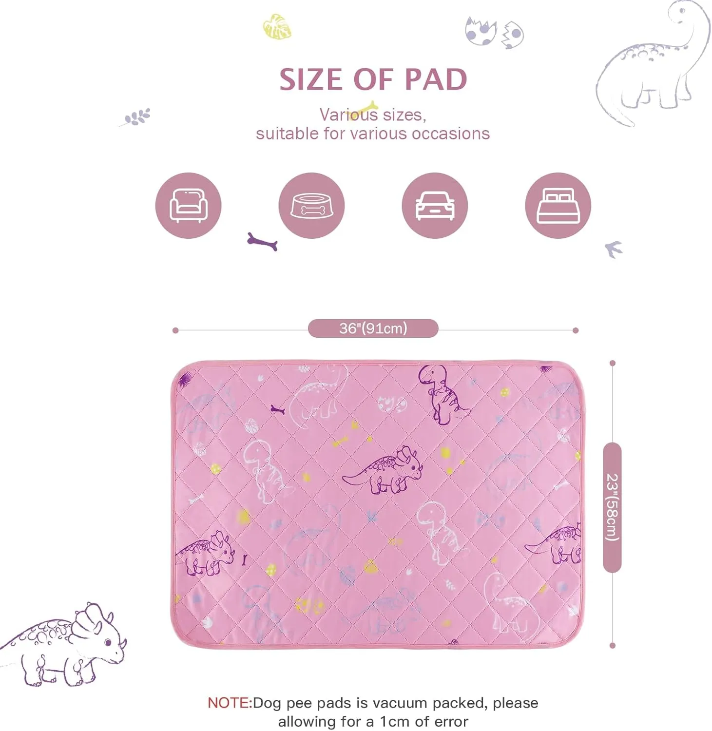 IEUUMLER Washable Pee Pads for Dogs, 2 Pack Non-Slip & Waterproof Pack Whelping Pad, Reusable Washable Puppy Potty Training Pad with Fast Absorbent for Playpen EU007 (Pink Dinosaur, 36"X24"-2pcs)