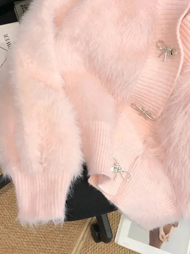Imitation Mink Bow Soft Cardigan
