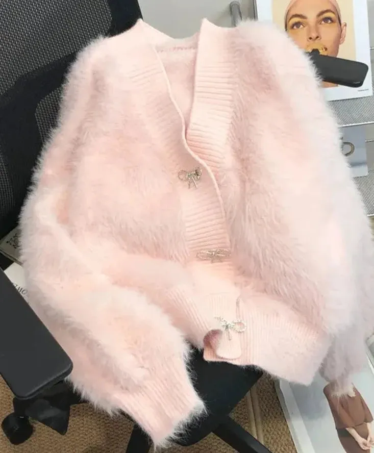 Imitation Mink Bow Soft Cardigan
