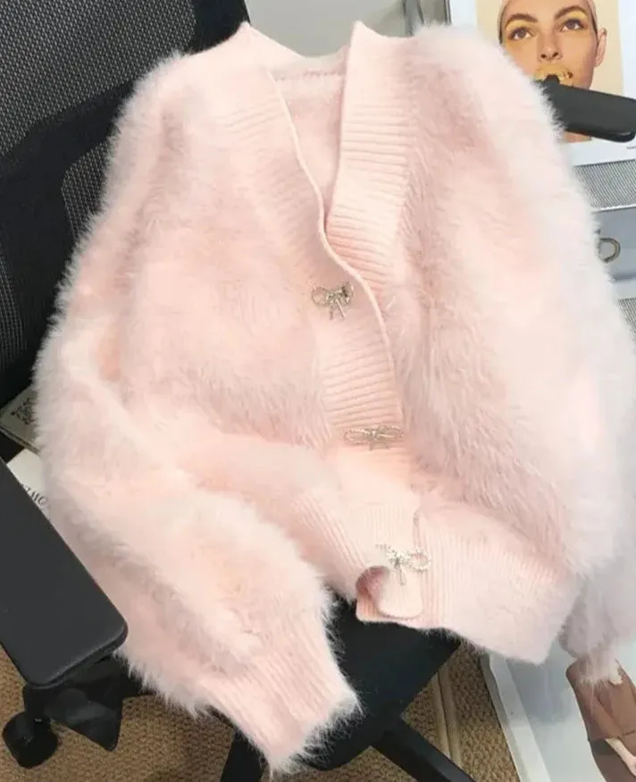 Imitation Mink Bow Soft Cardigan