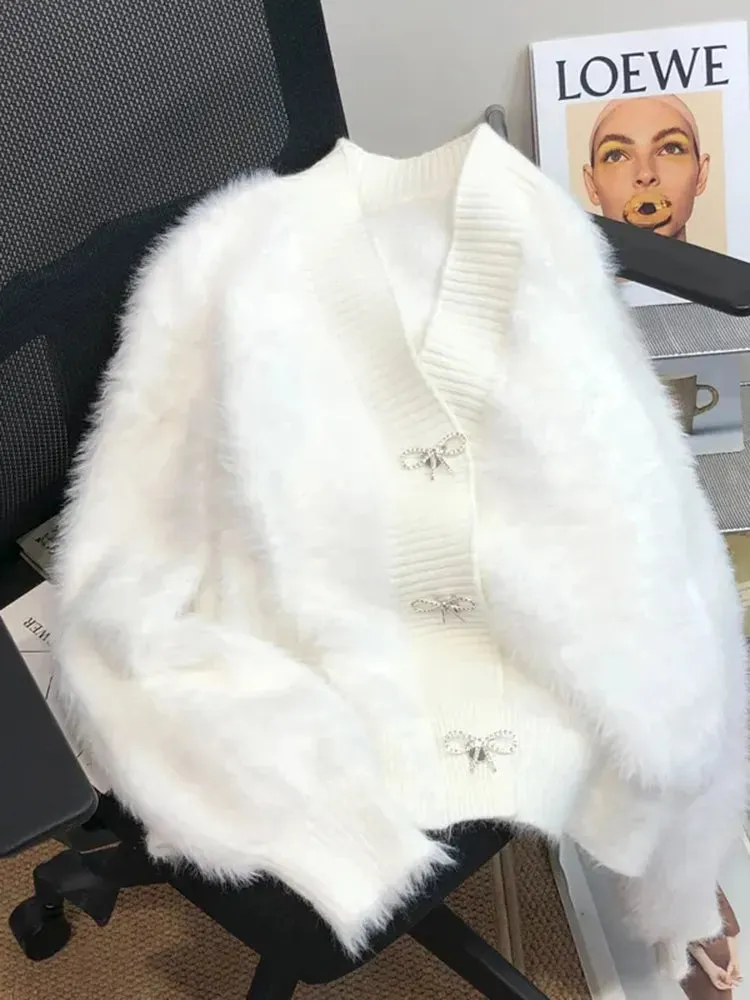 Imitation Mink Bow Soft Cardigan