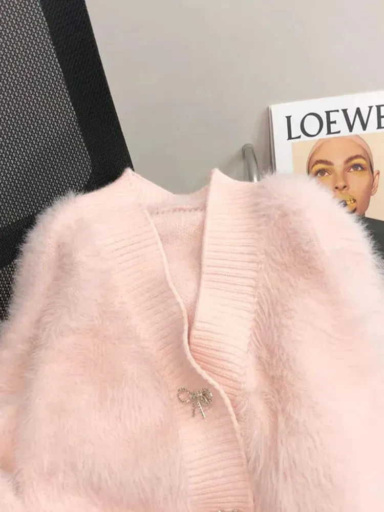 Imitation Mink Bow Soft Cardigan