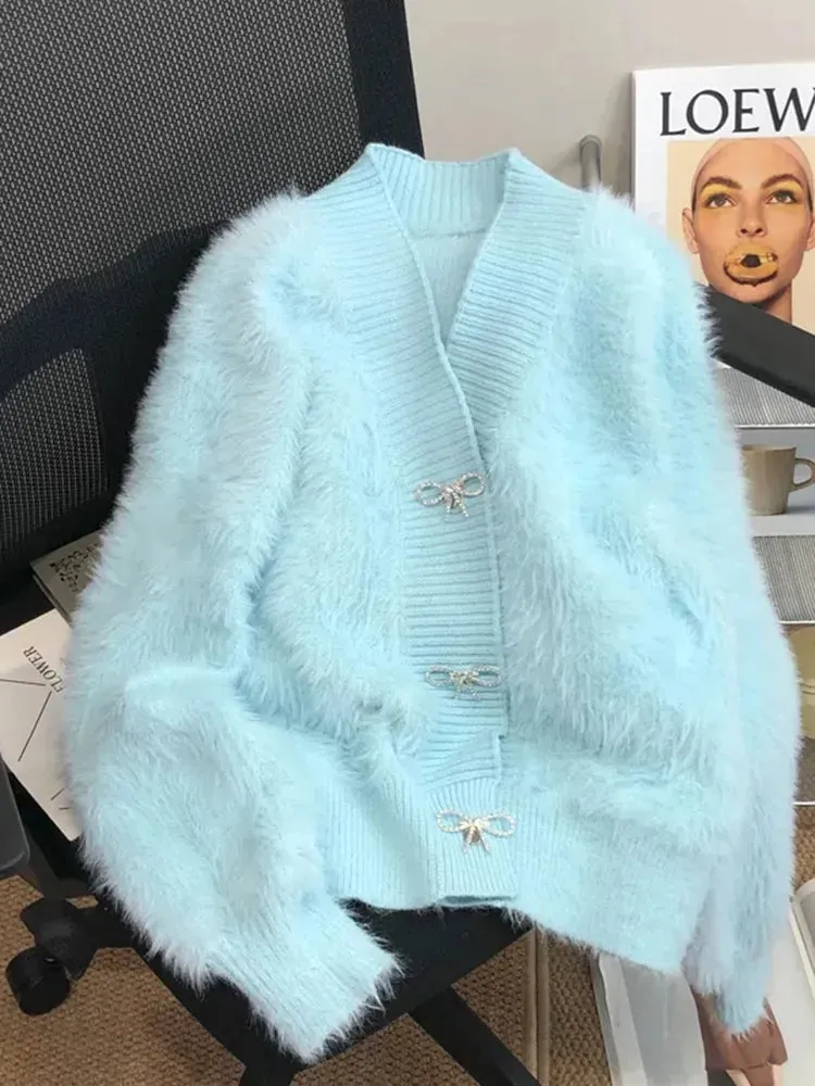 Imitation Mink Bow Soft Cardigan