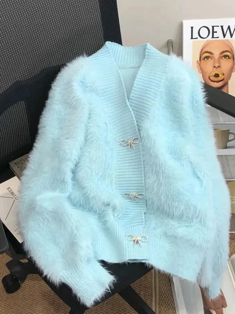 Imitation Mink Bow Soft Cardigan