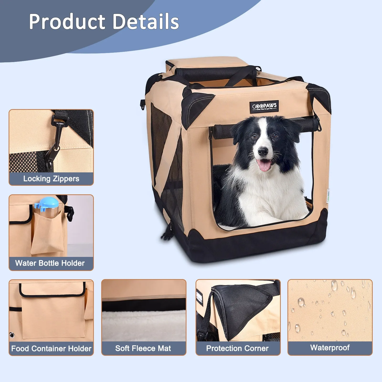 Jespet Indoor & Outdoor 3-Door Collapsible Soft-Sided Dog, Cat & Small Pet Crate, Beige, 36''