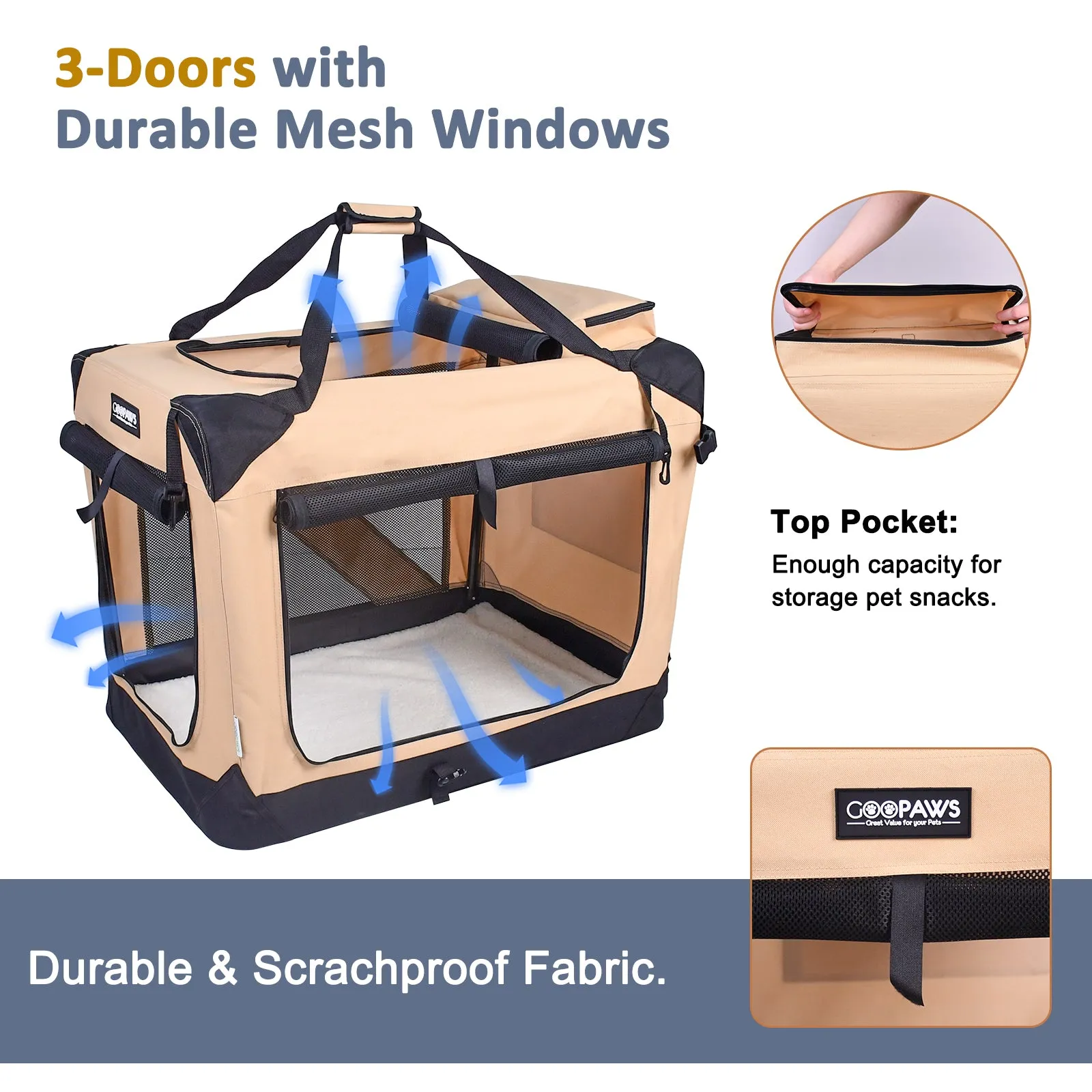 Jespet Indoor & Outdoor 3-Door Collapsible Soft-Sided Dog, Cat & Small Pet Crate, Beige, 36''