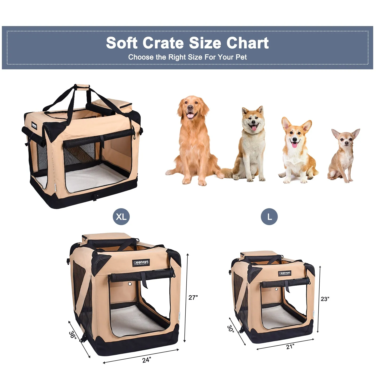 Jespet Indoor & Outdoor 3-Door Collapsible Soft-Sided Dog, Cat & Small Pet Crate, Beige, 36''