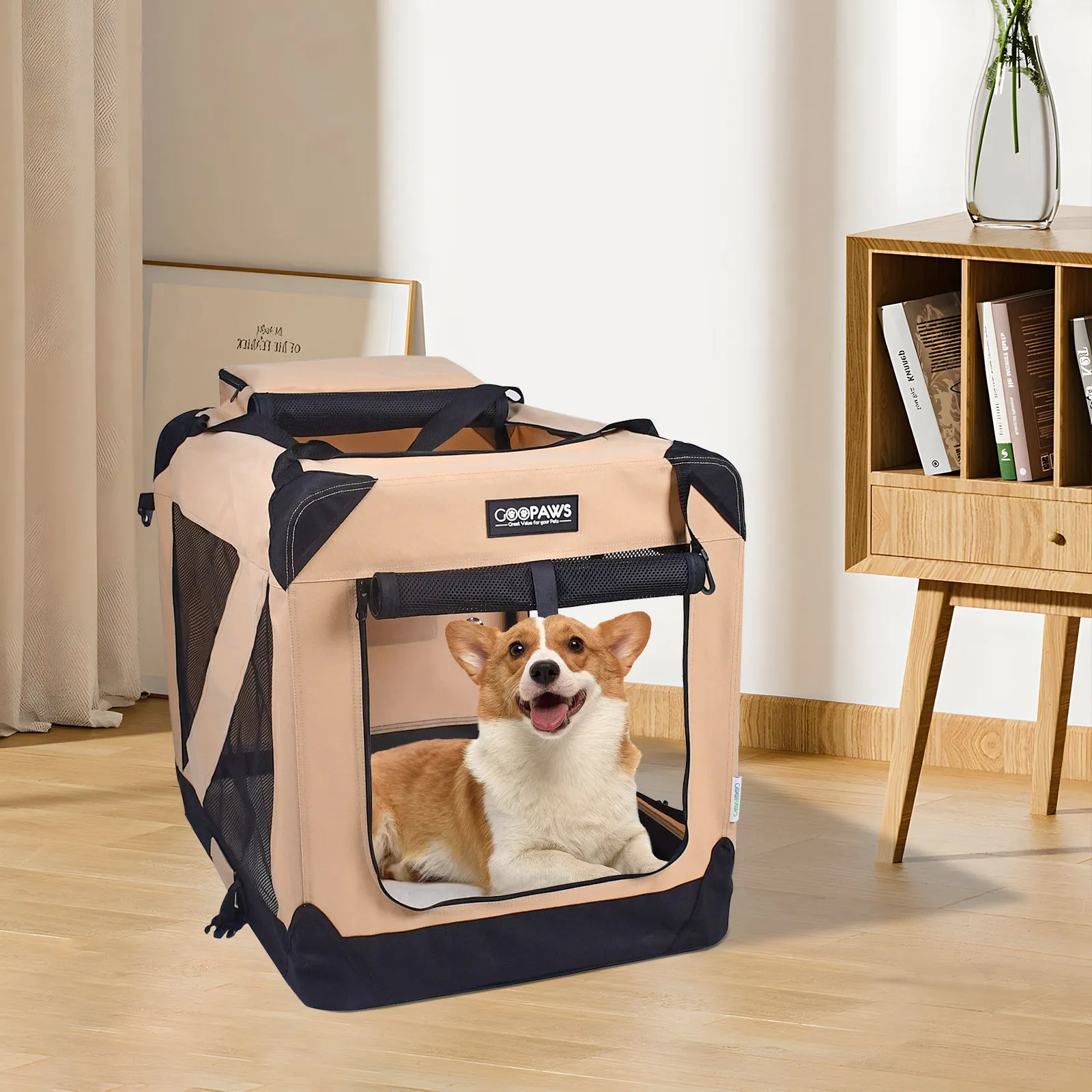 Jespet Indoor & Outdoor 3-Door Collapsible Soft-Sided Dog, Cat & Small Pet Crate, Beige, 36''