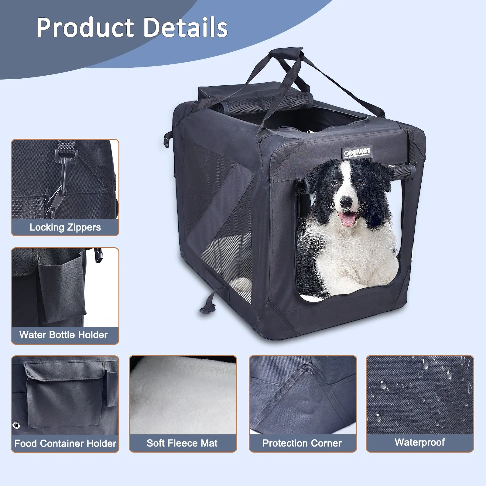 Jespet Indoor & Outdoor 3-Door Collapsible Soft-Sided Dog, Cat & Small Pet Crate Black, 36''