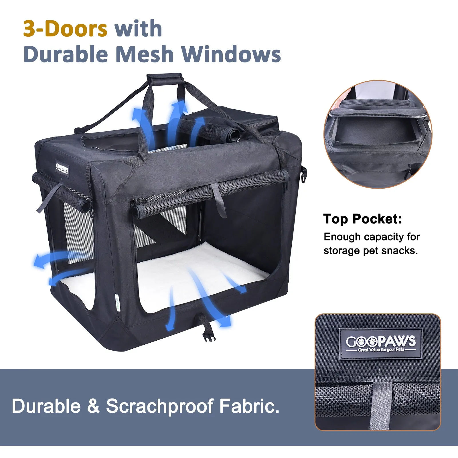 Jespet Indoor & Outdoor 3-Door Collapsible Soft-Sided Dog, Cat & Small Pet Crate Black, 36''